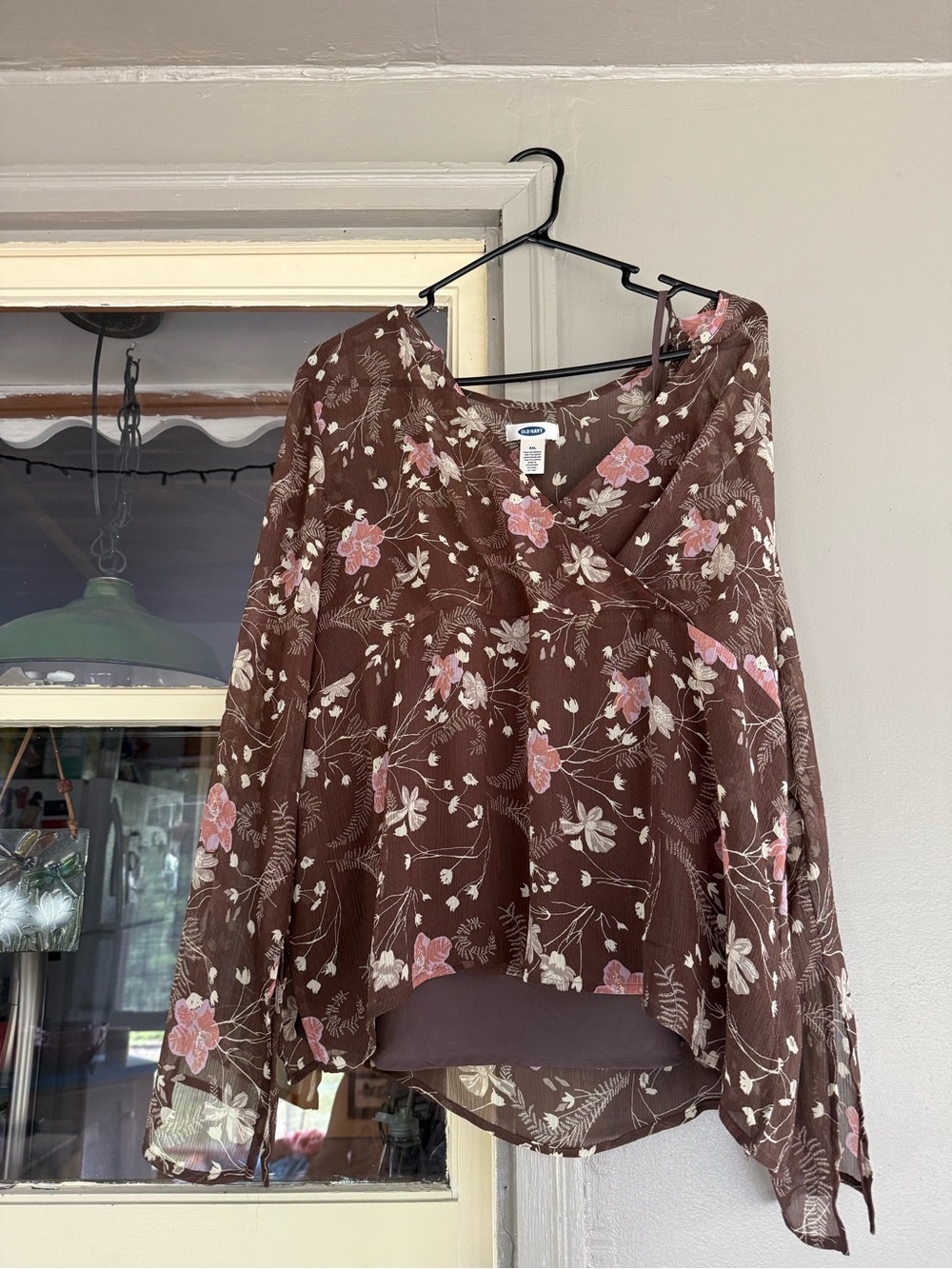 Old Navy Brown Floral V-Neck Top with Pink & Cream Blooms